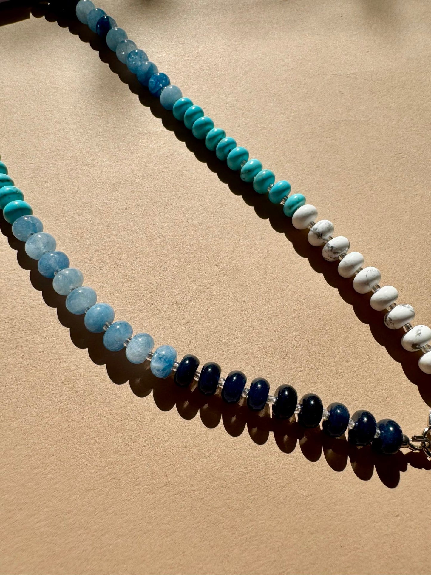 Blue Turquoise, Dyed Jade, and Howlite Beaded Gold-Filled Necklace with Celestial Lock Clasp