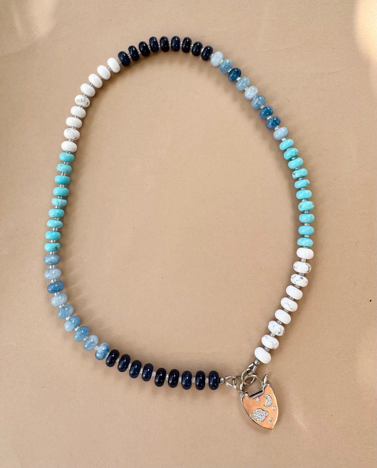 Blue Turquoise, Dyed Jade, and Howlite Beaded Gold-Filled Necklace with Celestial Lock Clasp