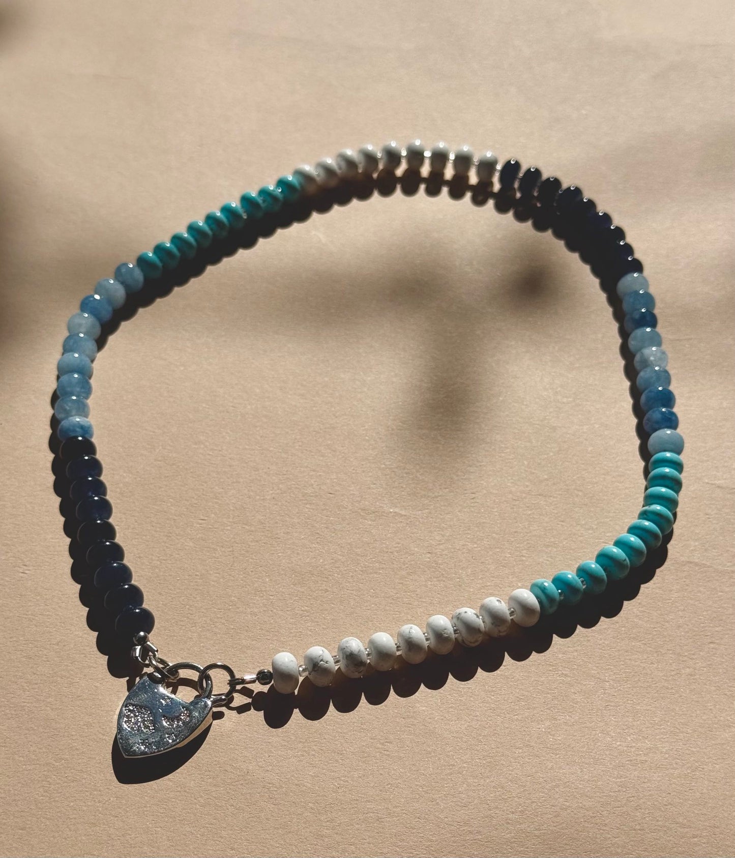 Blue Turquoise, Dyed Jade, and Howlite Beaded Gold-Filled Necklace with Celestial Lock Clasp