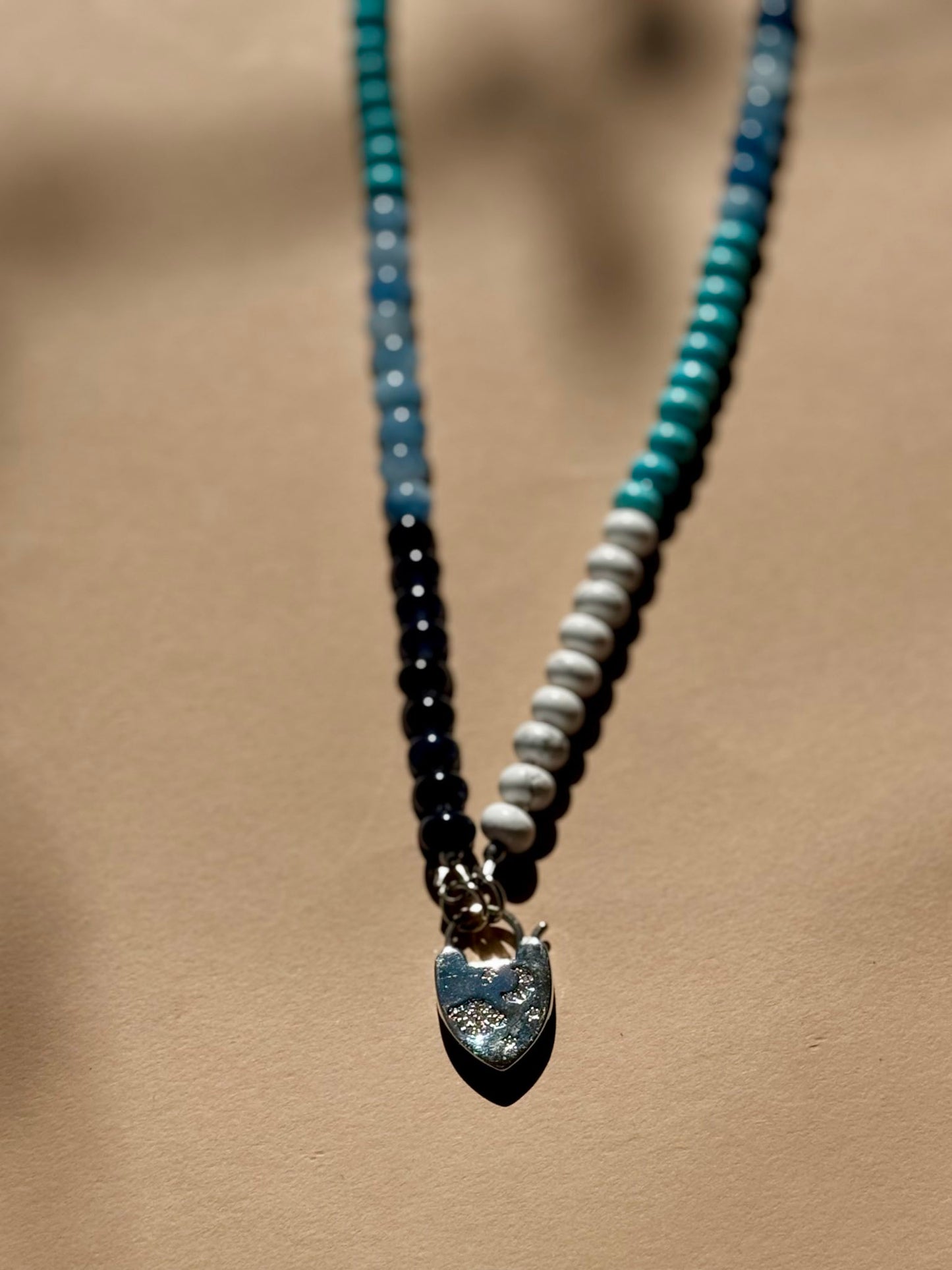 Blue Turquoise, Dyed Jade, and Howlite Beaded Gold-Filled Necklace with Celestial Lock Clasp