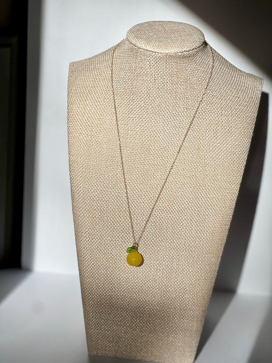 Yellow Agate Pomelo Carved Gemstone Charm Gold-Filled Necklace