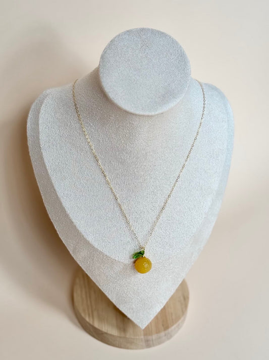 Yellow Agate Pomelo Carved Gemstone Charm Gold-Filled Necklace